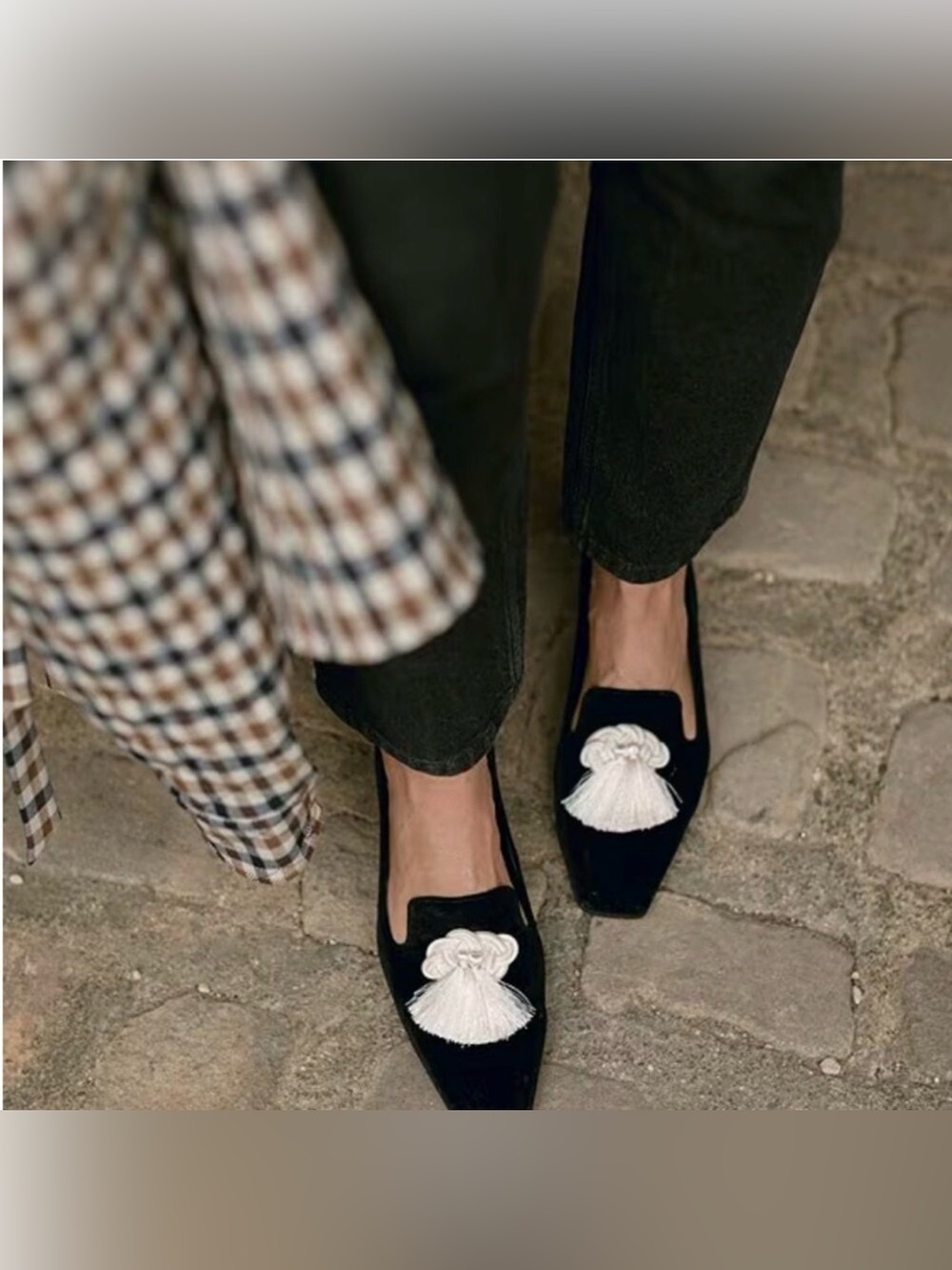 Jennifer Sumko X Antonio Melani Leedy black velvet flats large tassels old money
